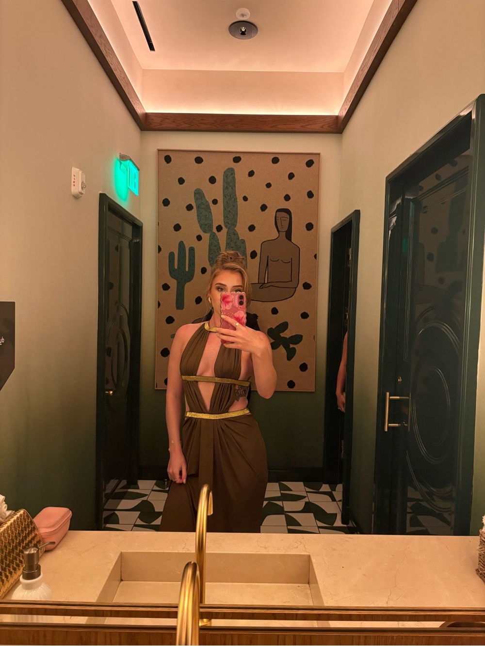 Olive Green Cutout Halter Maxi Dress with Gold Trim